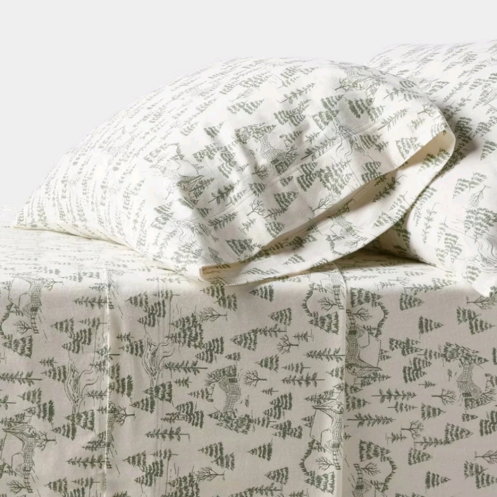 Threshold Cream and Green Forest Print Bedding Sheets
